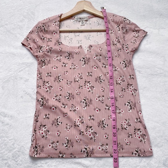 Pink Floral Split V-Neck Stretchy Summer Top - Picture 4 of 7